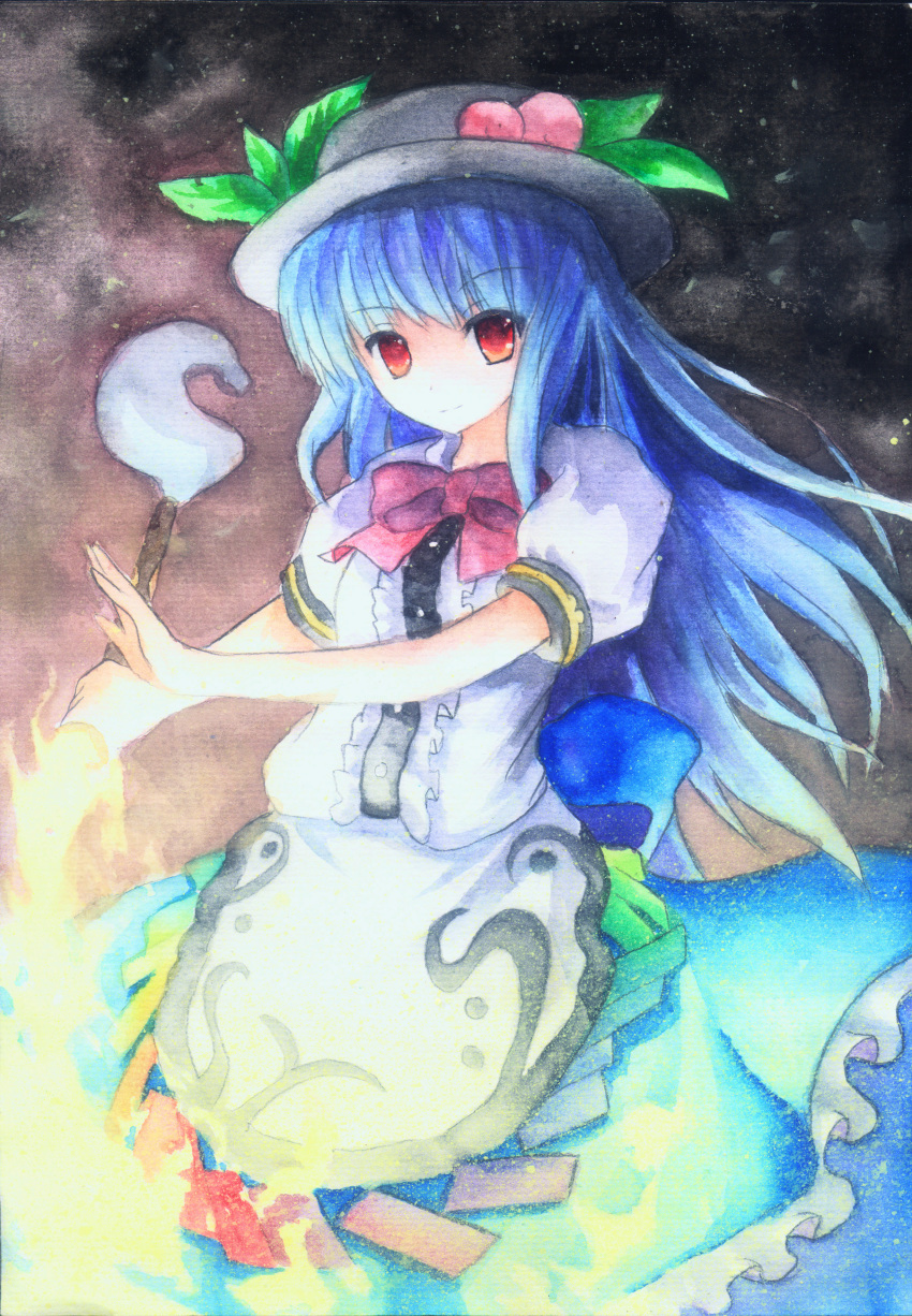 blue_hair food fruit hat highres hinanawi_tenshi leaf light_smile long_hair outstretched_arm outstretched_hand peach red_eyes solo sword sword_of_hisou sxbzero touhou traditional_media watercolor_(medium) weapon