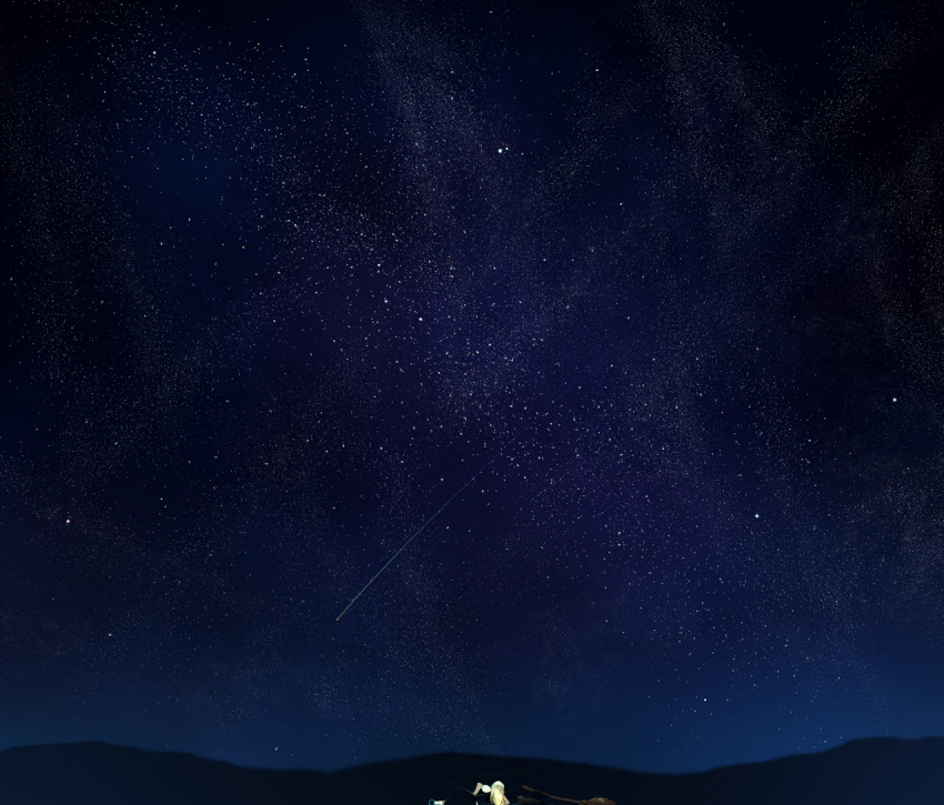 arm_support bad_id blonde_hair broom chirigami-san from_behind kirisame_marisa long_hair lying mountain nature night night_sky no_hat no_headwear on_side scenery shooting_star sky solo star star_(sky) starry_sky touhou