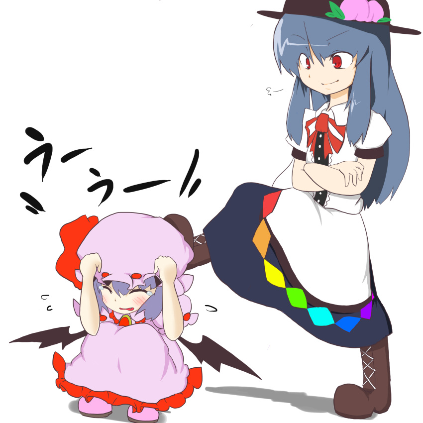artist_request bat_wings blue_hair boots bullying closed_eyes cowering cross-laced_footwear fang hat highres hinanawi_tenshi hiyokichi lace-up_boots multiple_girls purple_hair red_eyes remilia_scarlet tears touhou wings