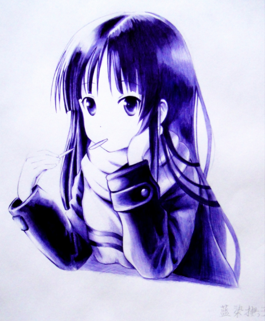 absurdres akiyama_mio arm_support highres k-on! long_hair monochrome mouth_hold scarf winter_clothes