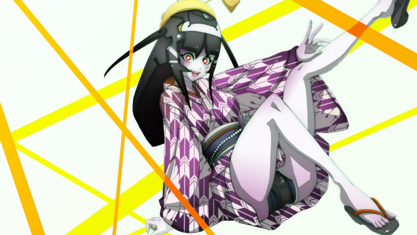 1girl :d bare_legs black_hair blush highres hikomaro610 japanese_clothes kimono lisa_(pso2) long_hair open_mouth phantasy_star_online_2 red_eyes robot_joints sandals smile solo yukata