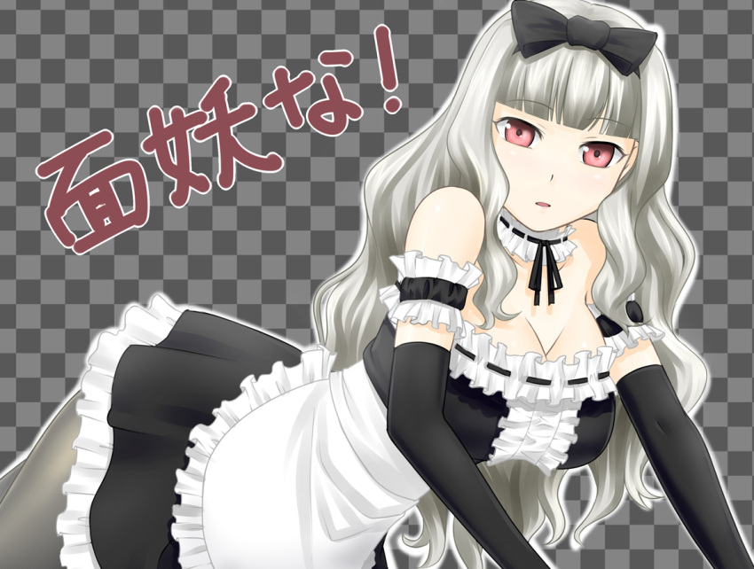 arm_garter bare_shoulders bow breasts checkered checkered_background choker cleavage frills gray_pantyhose grey_hair hair_bow idolmaster large_breasts long_hair maid pantyhose red_eyes shijou_takane shougi_(116) solo syougi116