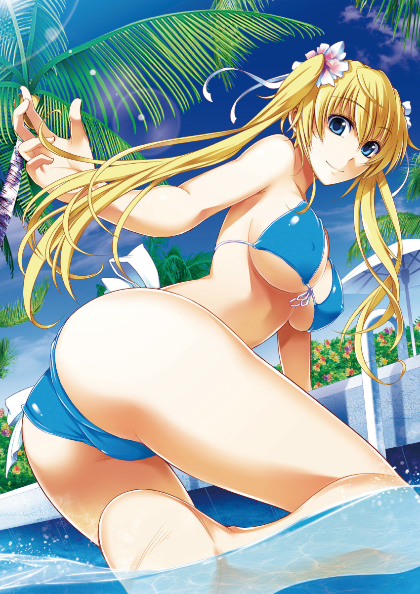 ass barefoot bikini blonde_hair blue_eyes breasts feet foreshortening hands highres large_breasts legs long_hair omega_2-d original palm_tree pool solo swimsuit tree twintails wading water