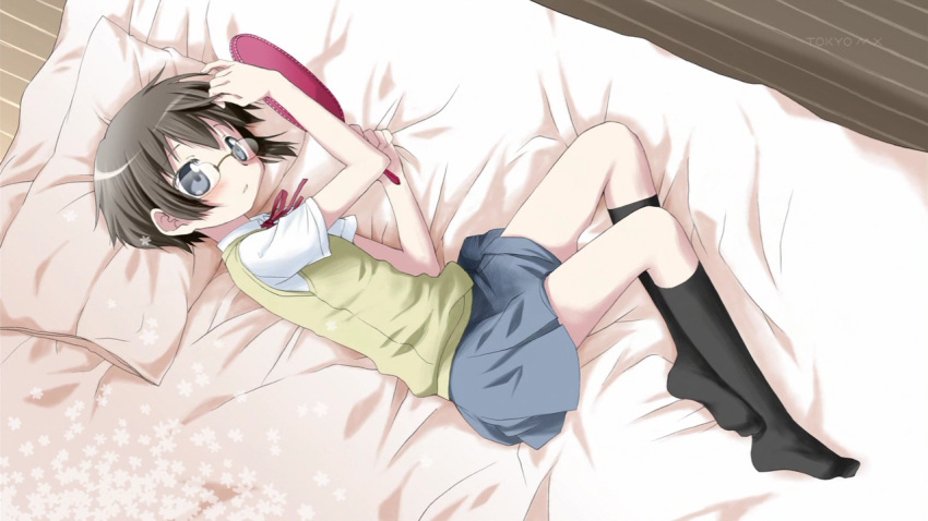 bed blue_eyes blush brown_hair cap glasses mirror on_side ore_no_imouto_ga_konna_ni_kawaii_wake_ga_nai pillow school_uniform screencap short_hair skirt socks tamura_manami