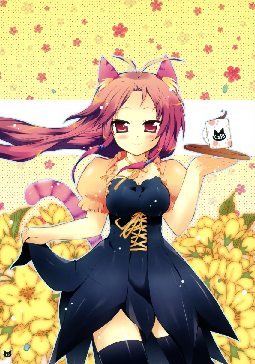 animal_ears blush cat_ears cup dress flower highres long_hair red_eyes red_hair redhead smile solo suihei_kiki tail thigh-highs thighhighs