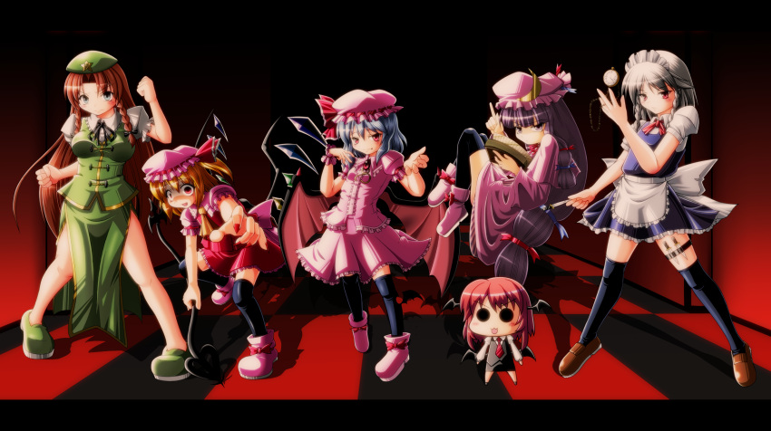 &gt;:3 :3 ascot bat_wings beret black_legwear blonde_hair blue_eyes blue_hair book braid checkered chibi clenched_hands crazy_eyes crescent fang fist flandre_scarlet floating hat head_wings highres hong_meiling izayoi_sakuya knife koakuma mascot multiple_girls patchouli_knowledge pocket_watch purple_eyes purple_hair red_eyes red_hair remilia_scarlet sd-sos siblings silver_hair sisters the_embodiment_of_scarlet_devil thighhighs touhou twin_braids watch wings zettai_ryouiki