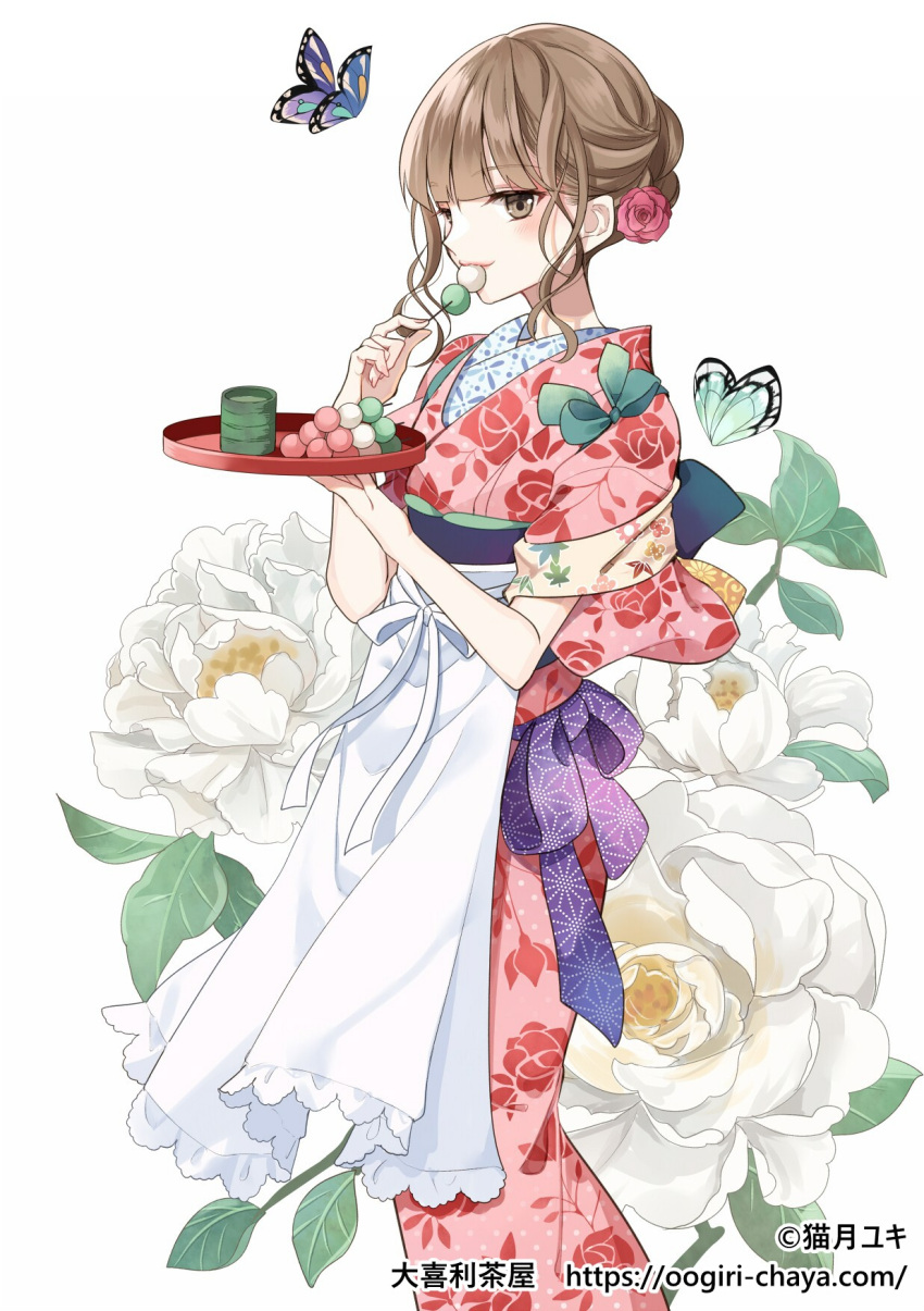 1girl animal apron bangs brown_eyes brown_hair bug butterfly closed_mouth copyright_request dango floral_background floral_print flower food hair_flower hair_ornament highres holding holding_tray japanese_clothes kimono looking_at_viewer nekozuki_yuki obi official_art pink_kimono print_kimono red_flower red_rose rose sanshoku_dango sash short_sleeves simple_background smile solo tray wagashi waist_apron watermark web_address white_apron white_background white_flower wide_sleeves yukata