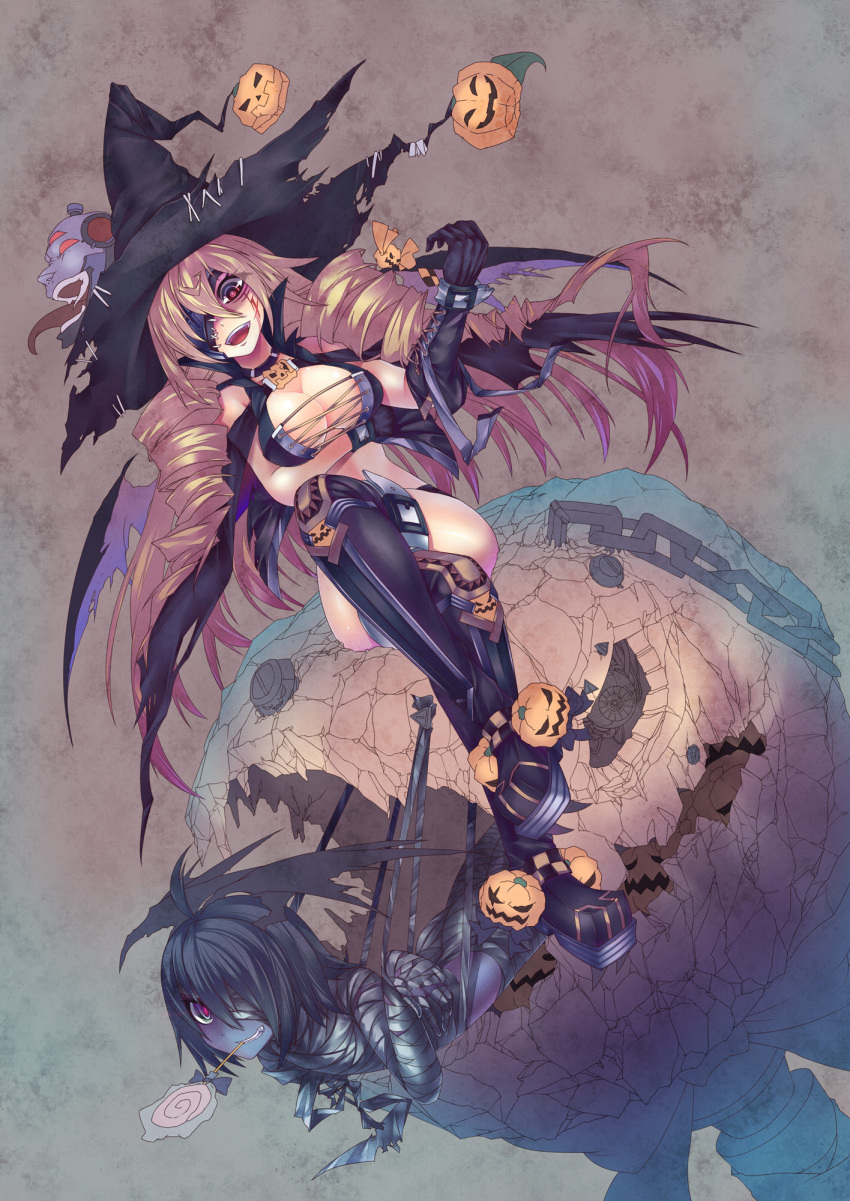 black_hair blonde_hair boots breasts candy cleavage drill_hair elbow_gloves gloves halloween hat head_wings highres jack-o'-lantern jack-o'-lantern lollipop long_hair mamuru mummy open_mouth original pumpkin red_eyes short_hair smile thigh_boots thighhighs wings witch witch_hat