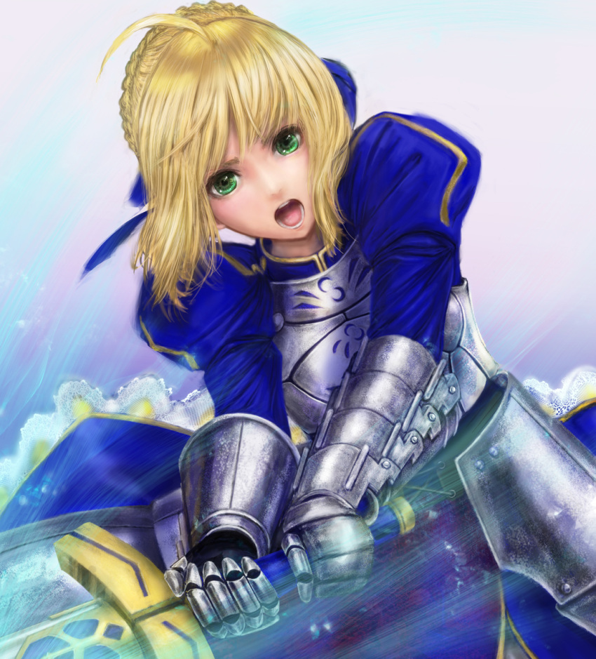 ahoge armor blonde_hair blue_eyes fate/stay_night fate_(series) green_eyes highres mamoru open_mouth saber solo sword weapon