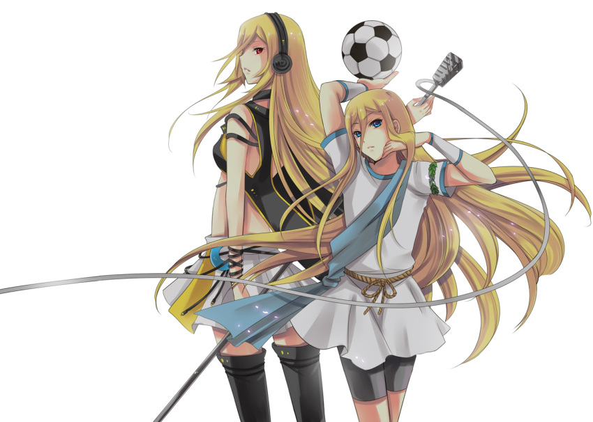 2girls afuro_terumi bike_shorts blonde_hair blue_eyes cd crossover flapper_shirt football headphones inazuma_eleven lily_(vocaloid) long_hair looking_back microphone red_eyes skirt thigh_boots thighhighs trap tunic vocaloid white