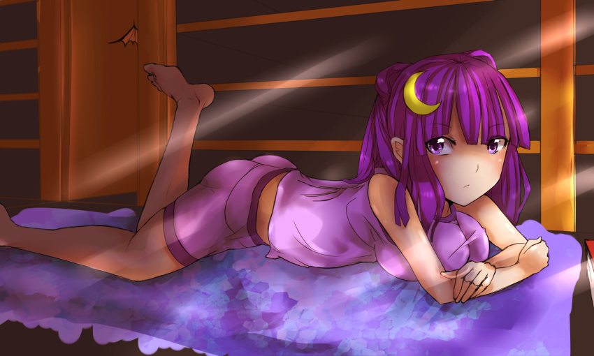 alternate_hairstyle bad_id barefoot breast_press breasts crescent crescent_moon double_bun highres koakuma large_breasts lying mkcrf no_hat no_headwear on_stomach patchouli_knowledge purple_eyes purple_hair shelf shorts solo sunbeam sunlight taut_shirt the_embodiment_of_scarlet_devil touhou violet_eyes when_you_see_it