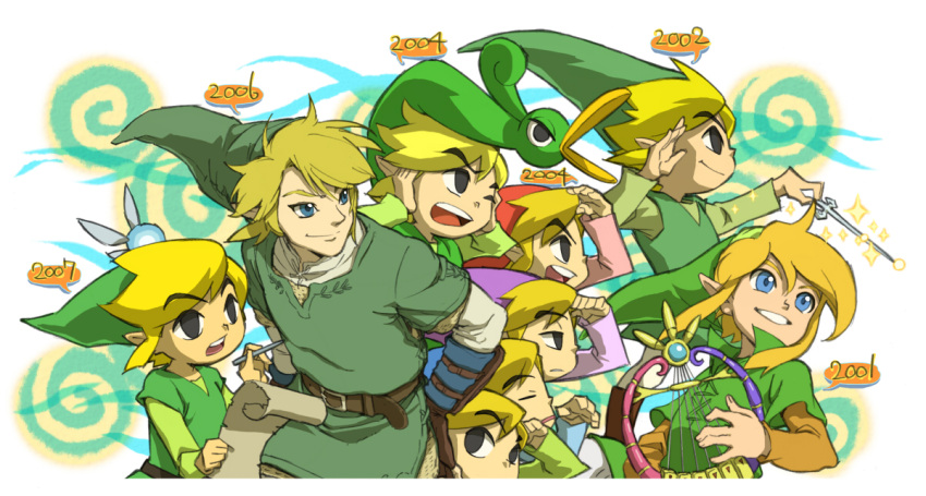 black_eyes blonde_hair blue_eyes brown_hair ezlo four_swords gloves hat link male minish_cap multiple_persona nintendo oracle_of_ages pen phantom_hourglass smile the_legend_of_zelda toon_link twilight_princess usikani wind_waker