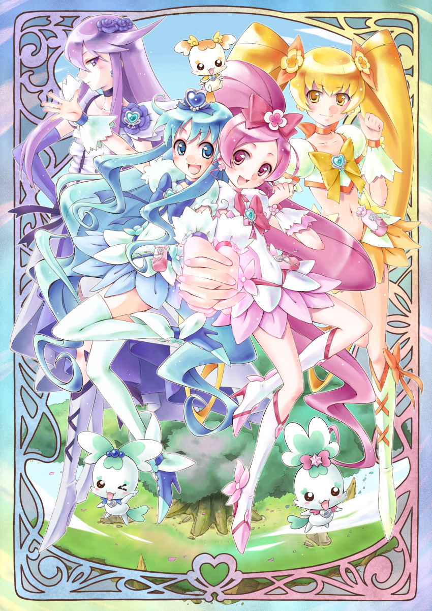 absurdres blonde_hair blue_dress blue_eyes blue_hair boots chypre_(heartcatch_precure!) coffret coffret_(heartcatch_precure!) cure_blossom cure_marine cure_moonlight cure_sunshine dress flower hanasaki_tsubomi heart heartcatch_precure! highres kurumi_erika magical_girl midriff multiple_girls myoudouin_itsuki navel orange_dress pink_dress pink_eyes pink_hair ponytail potpourri_(heartcatch_precure!) potpourri_(precure) precure purple_eyes purple_hair purple_rose rose satogo shypre single_elbow_glove single_glove skirt tsukikage_yuri twintails violet_eyes wrist_cuffs yellow_eyes