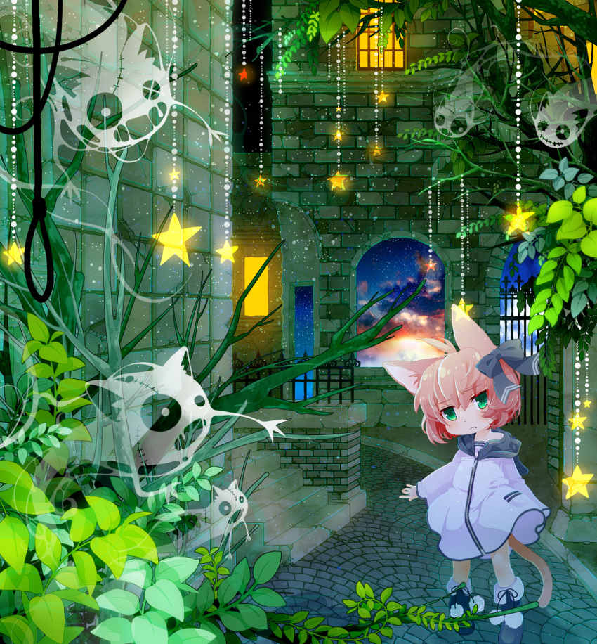 animal_ears boots bow cat_ears ghost green_eyes hair_bow highres moonyan original pink_hair plant short_hair sky solo stairs star tail