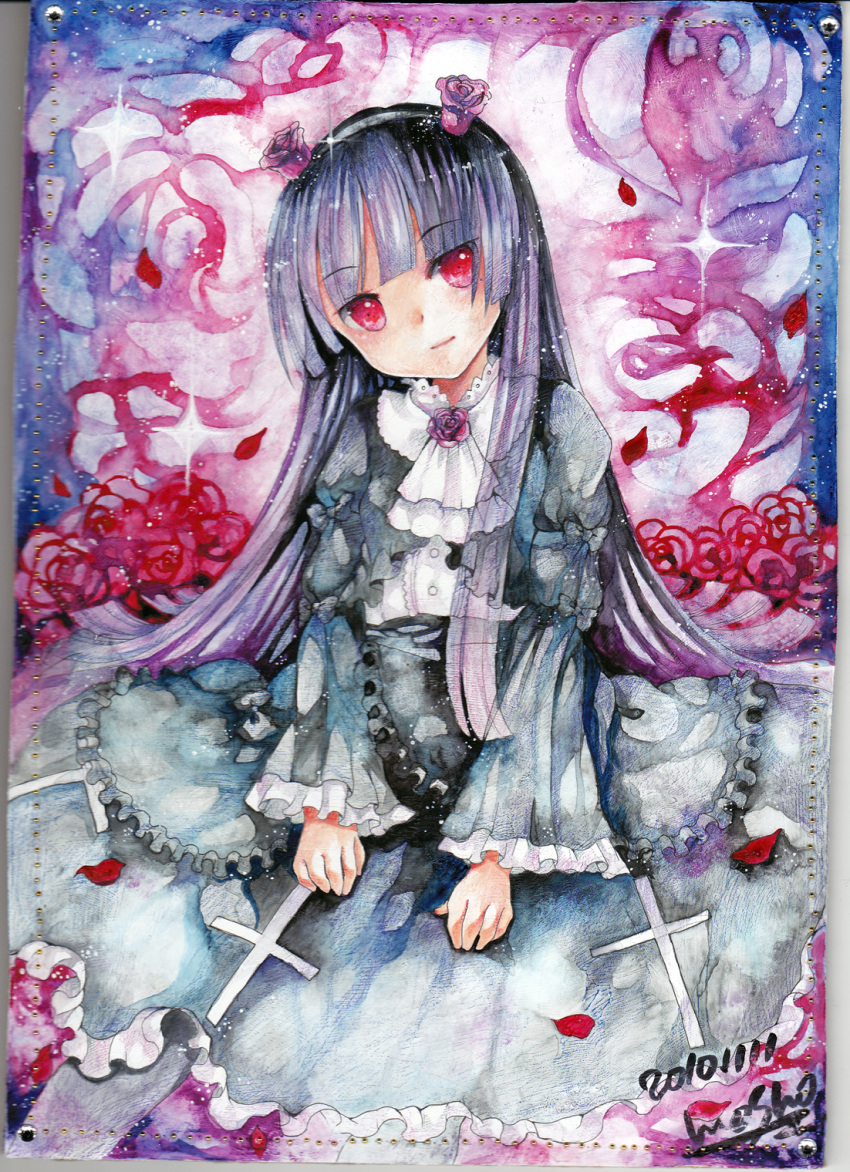 black_hair cross dress flower gokou_ruri gothic_lolita hair_ornament hairband head_tilt highres hime_cut lolita_fashion long_hair mosho ore_no_imouto_ga_konna_ni_kawaii_wake_ga_nai purple_rose red_eyes rose smile solo traditional_media