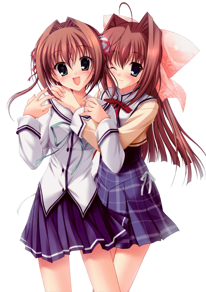 2girls absurdres asakura_otome asakura_yume blue_eyes blush brown_hair da_capo da_capo_ii extraction green_eyes highres kayura_yuka long_hair multiple_girls school_uniform short_hair siblings sisters tanihara_natsuki transparent_background