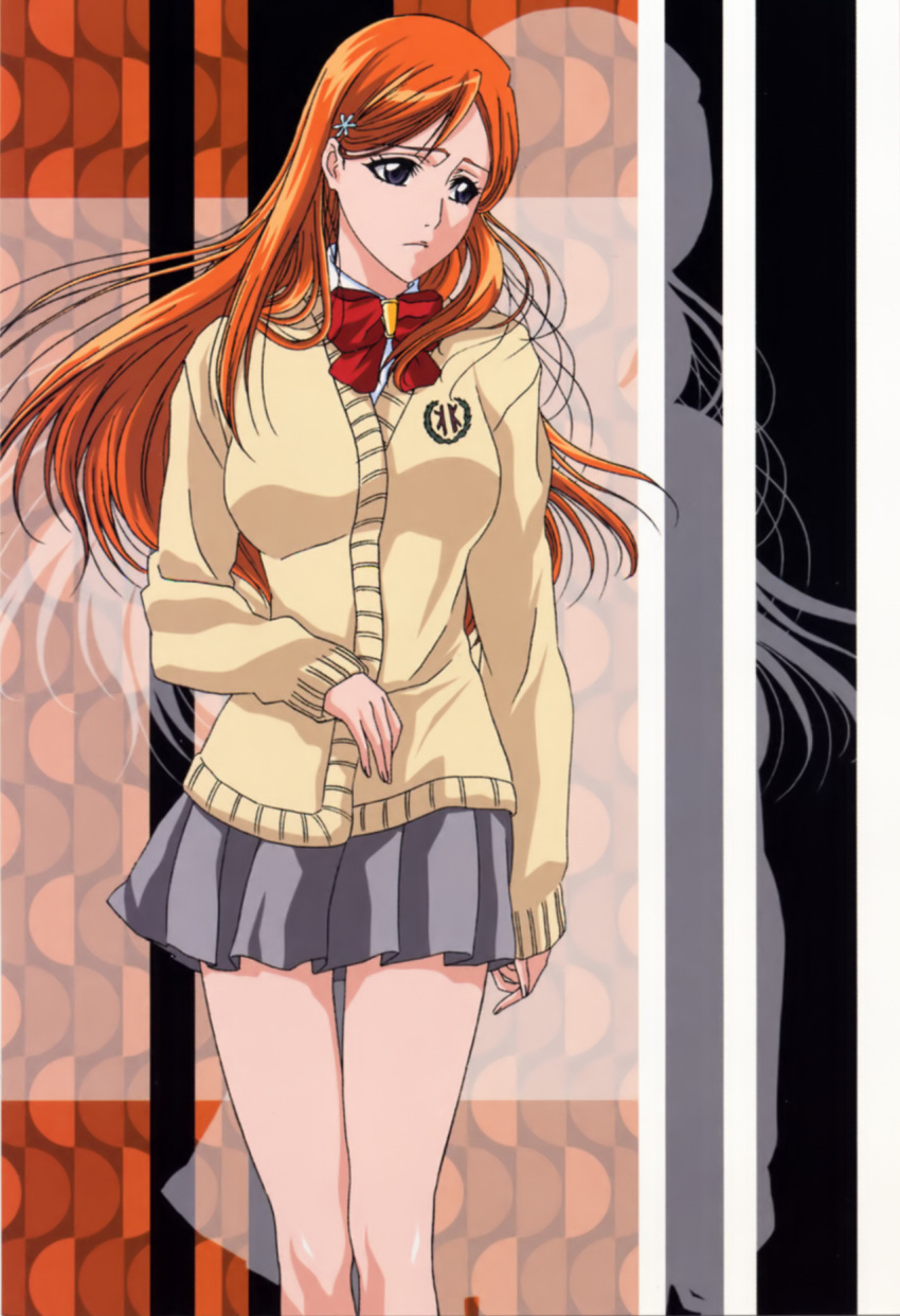 1girl bleach bow bowtie cardigan closed_mouth grey_skirt hair_ornament hairpin highres inoue_orihime long_hair long_sleeves miniskirt official_art orange_hair pleated_skirt purple_eyes red_bowtie school_uniform skirt solo standing sweater violet_eyes