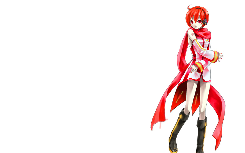 akaiko boots detached_sleeves headphones red_eyes red_hair redhead solo vocaloid white