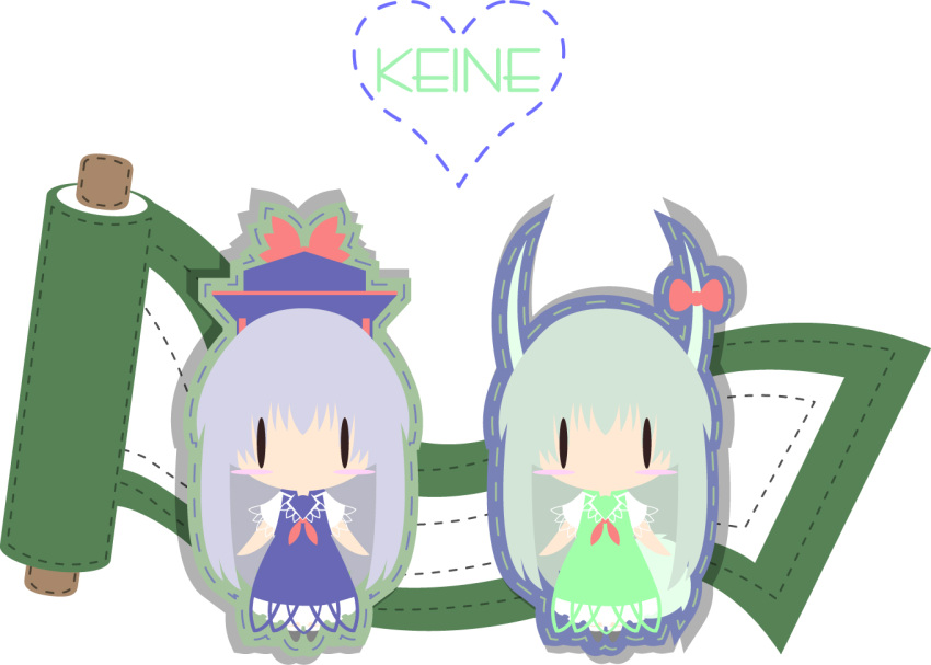 alice4127 blue_hair chibi dress dual_persona ex-keine hat kamishirasawa_keine long_hair multiple_girls ribbon scroll shoes silver_hair solo tokin_hat touhou white_background