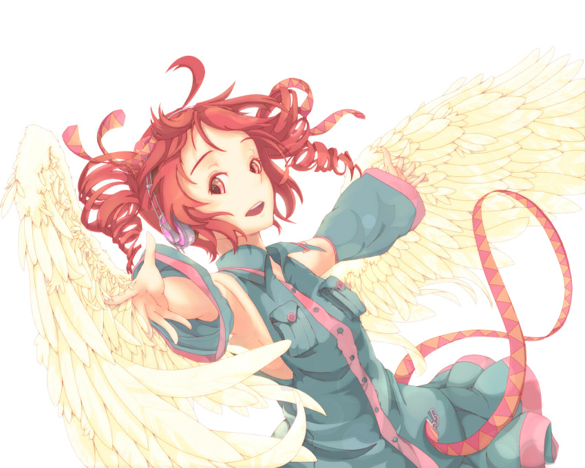 alternate_wings angel_wings detached_sleeves drill_hair headphones highres kasane_teto mikeco red_eyes red_hair redhead simple_background skirt solo twintails utau vocaloid wings