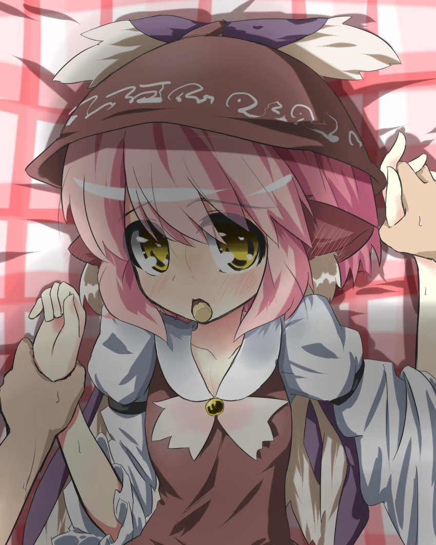 animal_ears arm_grab blush ear_blush hat highres holding_hands lying mouth_hold mystia_lorelei on_back perspective pink_hair pocky pov short_hair solo touhou urimono wings yellow_eyes