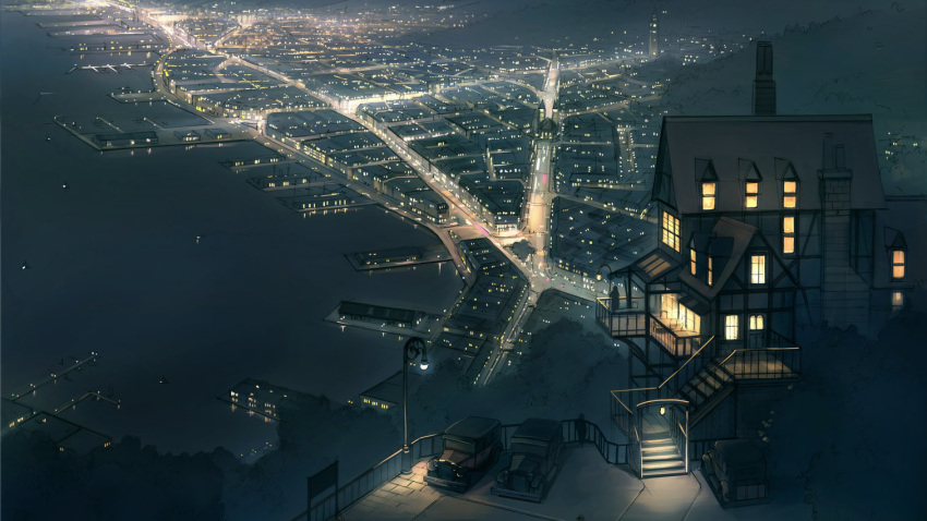 architecture city cityscape cliff harbor house island lamppost landscape lights motor_vehicle night ocean original overlook reflection scenery seo_tatsuya shore tower vehicle