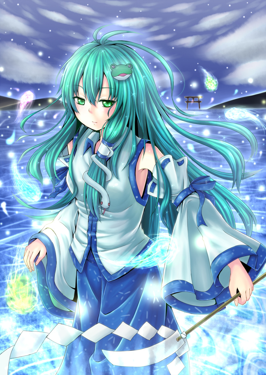 aqua_hair bad_id bare_shoulders dabadhi detached_sleeves frog gohei green_eyes green_hair hair_ornament highres hitodama kochiya_sanae long_hair skirt snake solo torii touhou