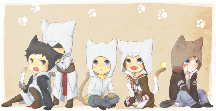 altair_ibn_la-ahad animal_ears assassin's_creed assassin's_creed_ii assassin's_creed assassin's_creed_ii black_hair blue_eyes brown_hair cape crossover desmond_miles ezio_auditore_da_firenze fang feathers hood malik_a-sayf malik_al-sayf mujina_(hook) nekomimi odd_one_out paw_print paws prototype_(game) robe smile tail young
