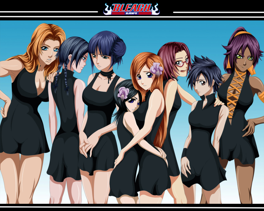 arisawa_tatsuki bangs bare_legs black black_dress black_hair bleach blue_background blue_eyes blunt_bangs braid breasts brown_eyes center_opening choker cleavage colored dark-skinned_female dark_skin dress flower glasses green_eyes hair_bun hair_flower hair_ornament hand_on_shoulder hands high_collar highres hips honshou_chizuru hug huge_filesize inoue_orihime kubo_taito kuchiki_rukia kurotsuchi_nemu leaning letterboxed logo long_hair looking_at_viewer looking_away matsumoto_rangiku minidress mole multiple_girls orange_hair purple_eyes purple_hair red_hair redhead shihouin_yoruichi short_hair sleeveless sleeveless_dress spiked_hair standing title_drop twin_braids violet_eyes yadoumaru_lisa yellow_eyes