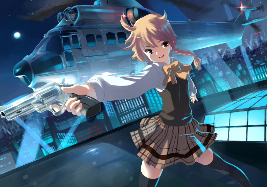 absurdres ahoge aqua blonde_hair bowtie braid brown_eyes cityscape double_bun eurocopter_super_puma gun helicopter highres moon night open_mouth original revolver rinz rooftop single_braid solo thigh-highs thighhighs turquoise_(color) weapon zettai_ryouiki