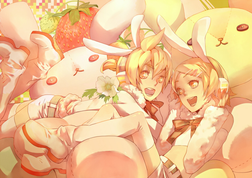 blonde_hair boots brother_and_sister bunny_ears food fruit hair_ornament hairclip headphones kagamine_len kagamine_rin rabbit_ears shishio short_hair siblings smile straberry strawberry stuffed_animal stuffed_toy twins vocaloid yellow_eyes