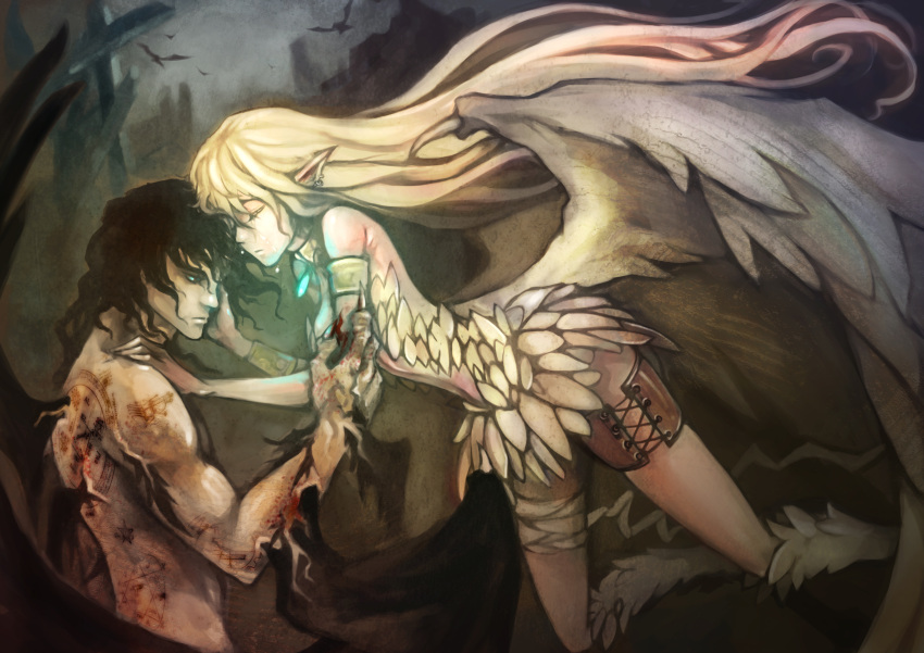 absurdres bandage bandages black_hair blonde_hair blood feathers haimerejzero highres injury pointy_ears siren siren_(monster) tattoo wings wounds