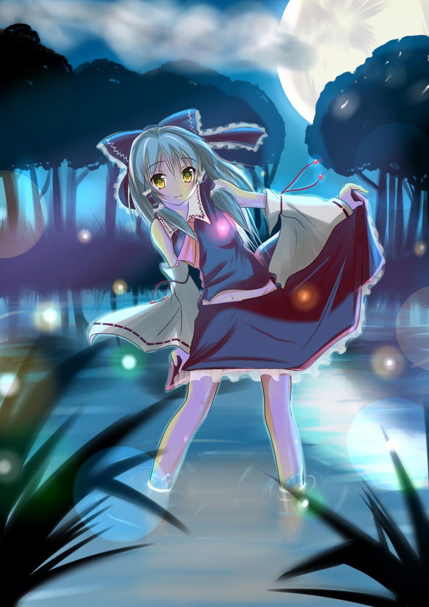 bad_id bow detached_sleeves hair_bow hakurei_reimu highres leaning long_hair miko moon night smile solo ss_(artist) touhou tree water yellow_eyes