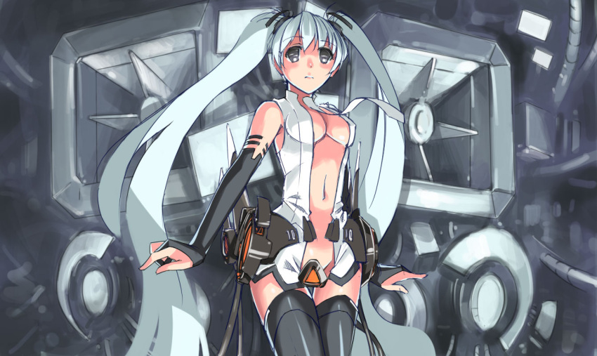 aqua_hair bad_id blueman breasts bridal_gauntlets center_opening cleavage elbow_gloves fingerless_gloves gloves hatsune_miku hatsune_miku_(append) long_hair miku_append navel necktie solo thighhighs twintails very_long_hair vocaloid vocaloid_append