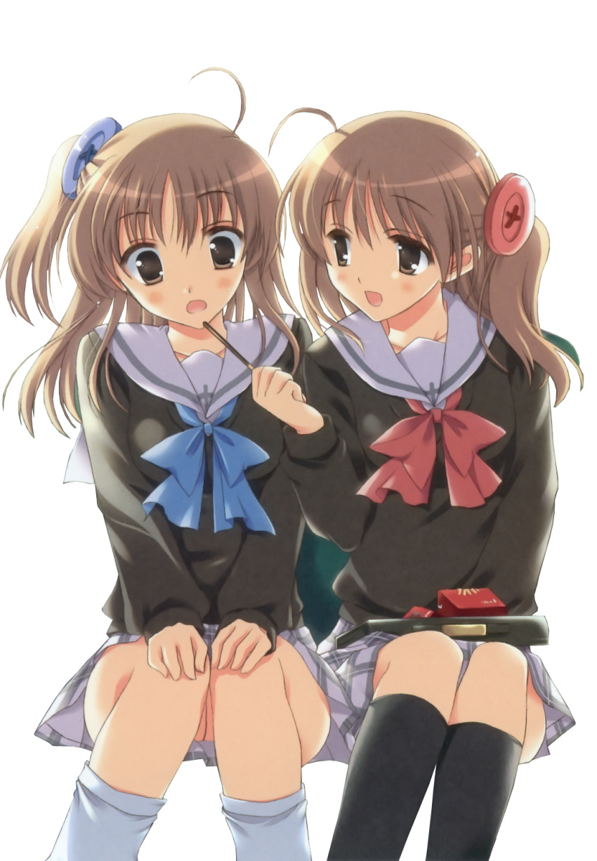 2girls ahoge blush brown_eyes brown_hair buttons copyright_request extraction feeding hair_ornament highres multiple_girls odawara_hakone pocky school_uniform siblings side_ponytail sitting twins