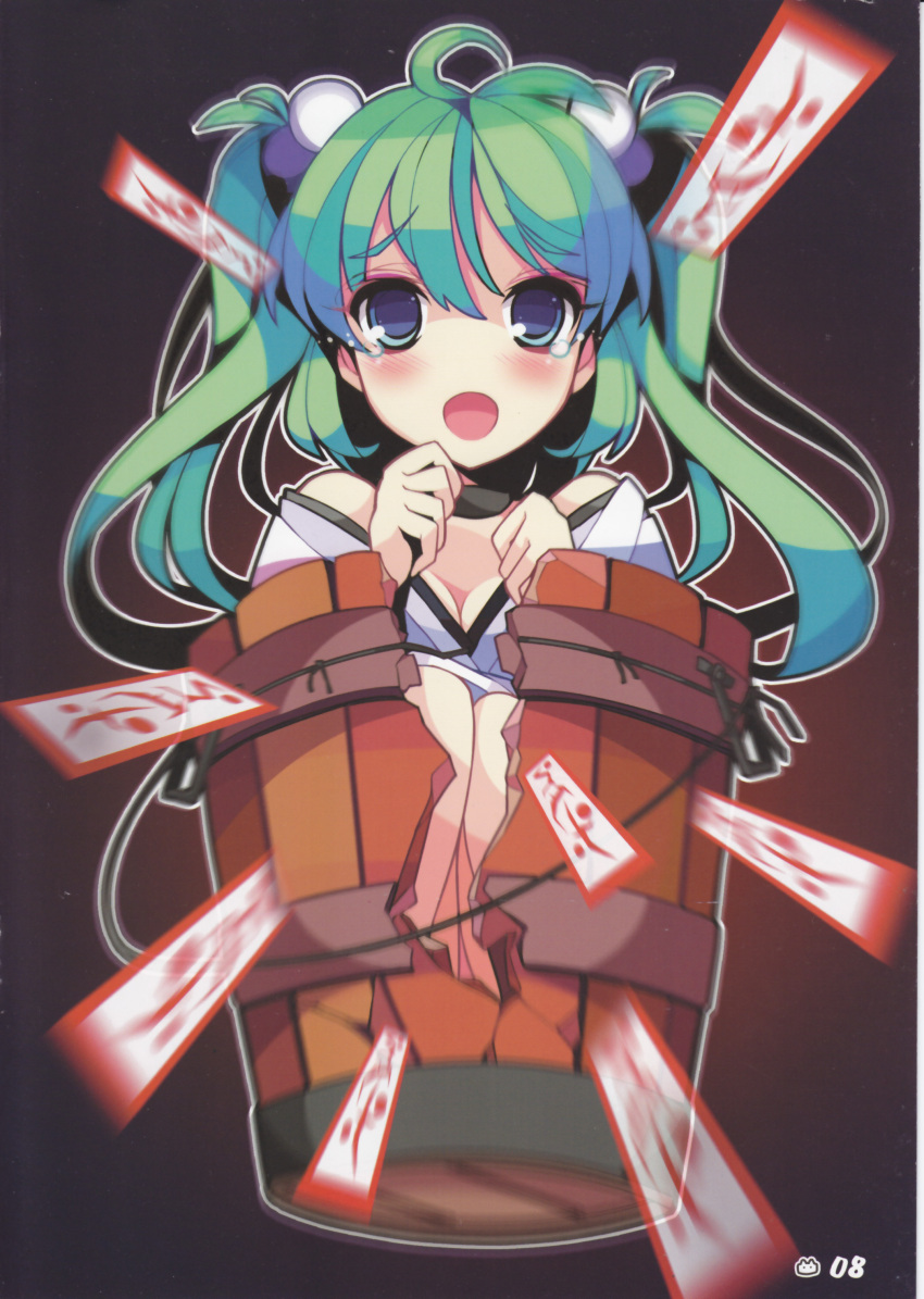 absurdres blue_eyes broken bucket danmaku girl_in_bucket green_hair highres ideolo in_bucket in_container japanese_clothes kisume motion_blur off_shoulder ofuda open_mouth scan short_hair solo tears touhou twintails you_gonna_get_raped