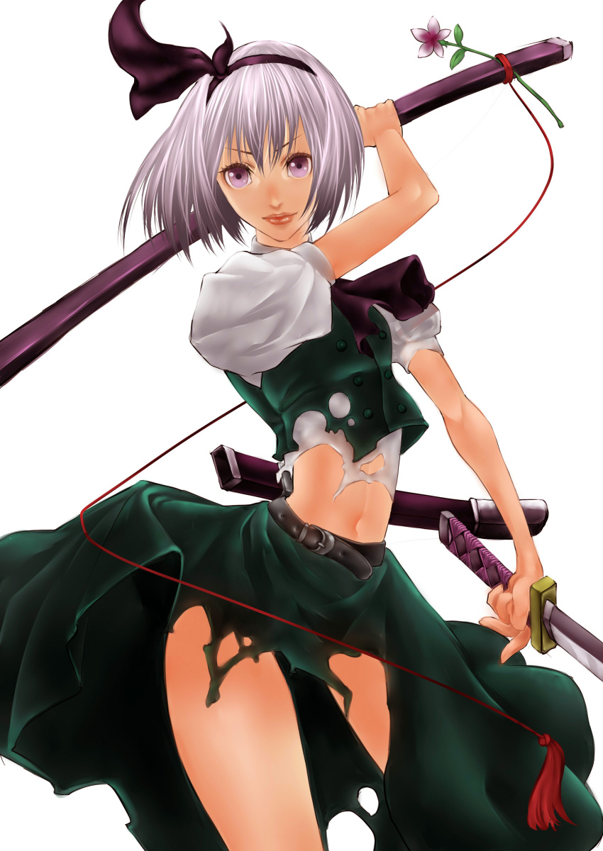 absurdres blue_eyes hairband highres himari0812 katana konpaku_youmu legs lips purple_eyes short_hair silver_hair solo sword torn_clothes touhou weapon