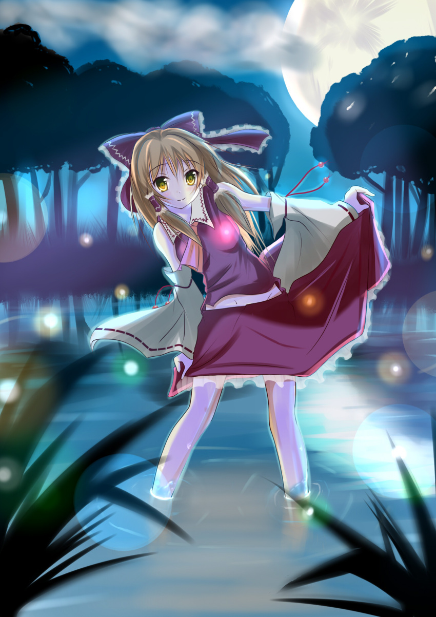 bad_id bow brown detached_sleeves hair hair_bow hakurei_reimu highres leaning long_hair miko moon night smile solo ss_(artist) touhou tree water yellow_eyes