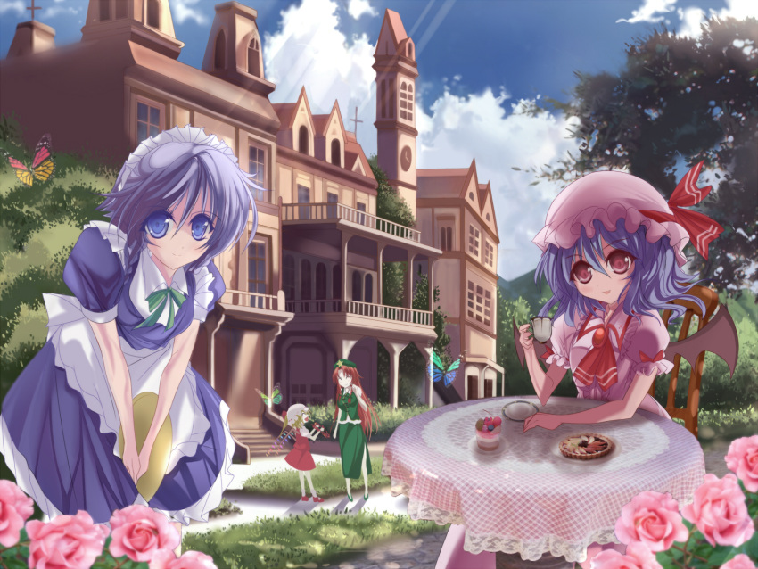 bad_perspective bat_wings blonde_hair blue_hair braid butterfly chair china_dress chinese_clothes clock clock_tower cloud cup flandre_scarlet flower grass hat highres hong_meiling izayoi_sakuya long_hair maid maid_headdress marionette_(excle) red_hair remilia_scarlet scarlet_devil_mansion short_hair sitting smile table teacup touhou tower tree window wings