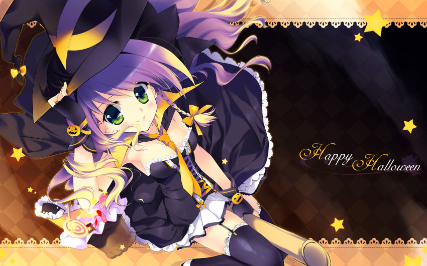 black_legwear broom broom_riding fingerless_gloves garter_belt gloves green_eyes halloween happy_halloween hat highres jack-o'-lantern jack-o'-lantern looking_up necktie original pumpkin purple_hair rei_(artist) rei_(rei's_room) rei_(rei's_room) smile solo star thigh-highs thighhighs wallpaper witch_hat