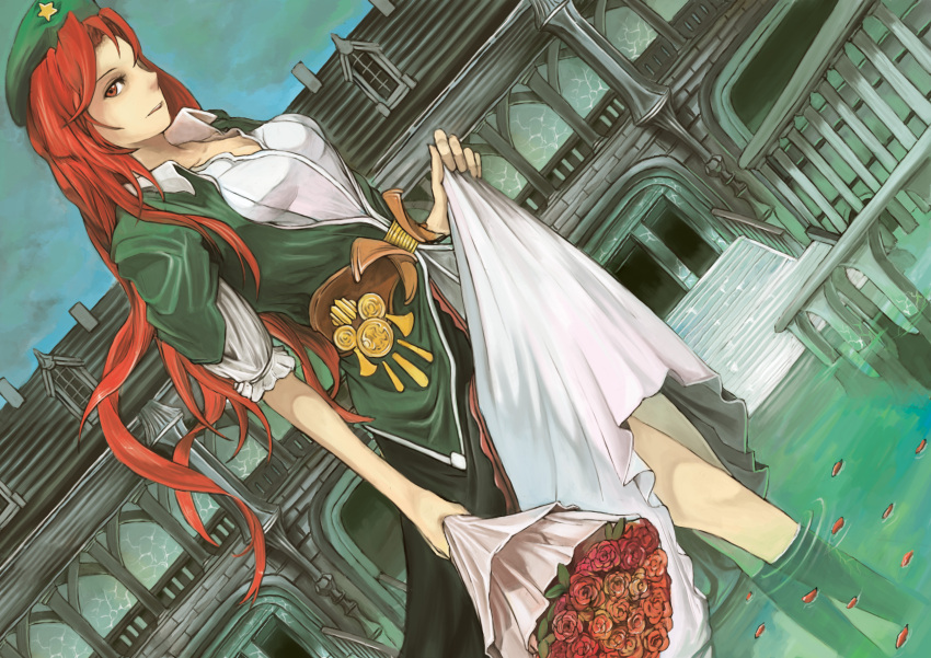 absurdres braid chinese_clothes dutch_angle flower gozz hat highres hong_meiling long_hair orange_rose red_eyes red_hair red_rose redhead rose solo touhou water yellow_rose