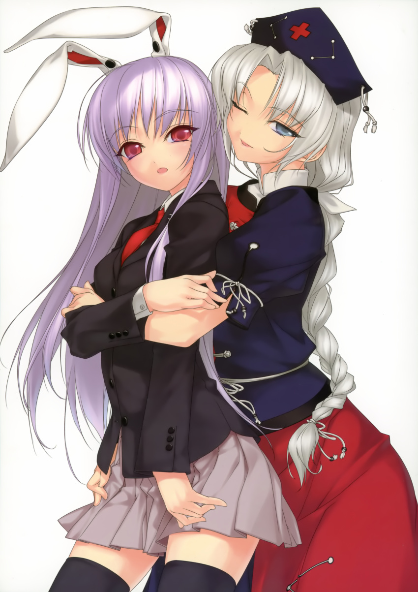 absurdres animal_ears black_legwear blazer blue_eyes braid bunny_ears crescent enhance_heart hands hat highres hug hug_from_behind long_hair multiple_girls necktie nurse_cap plait purple_hair red_eyes reisen_udongein_inaba rokuwata_tomoe scan seifuku silver_hair skirt thigh-highs thighhighs touhou wink yagokoro_eirin zettai_ryouiki