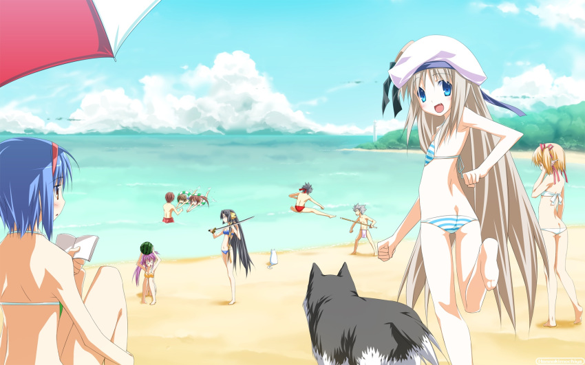 barefoot battle beach bikini black_hair blonde_hair blue_eyes blue_hair brown_hair cat dog fang food fruit galore highres innertube kamikita_komari kicking little_busters!! long_hair lowleg lowleg_bikini nishizono_mio noumi_kudryavka ocean pink_hair shinai short_hair silver_hair sky soles strelka striped striped_swimsuit swimsuit sword very_long_hair wallpaper watermelon weapon