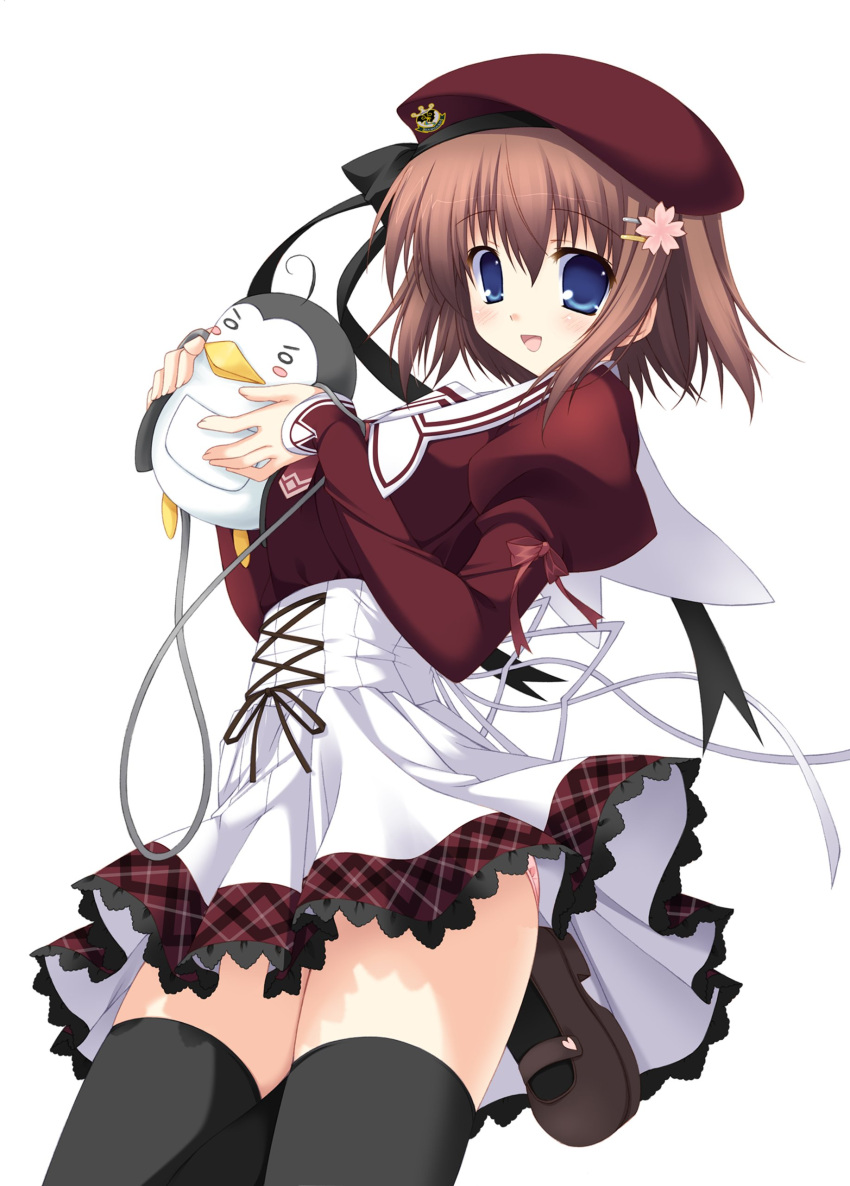 11eyes absurdres bird black_legwear blue_eyes blush_stickers brown_hair chibi hair_ornament hairclip hat highres minase_yuka penguin school_uniform seifuku short_hair thigh-highs thighhighs zettai_ryouiki