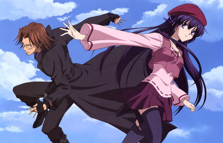 beard black_hair boots bow brown_hair choker coat facial_hair fingerless_gloves glasses gloves goatee hat highres koga_makoto long_hair purple_eyes ribbon shihou_matsuri short_hair sky sola thighhighs tsujidou_takeshi