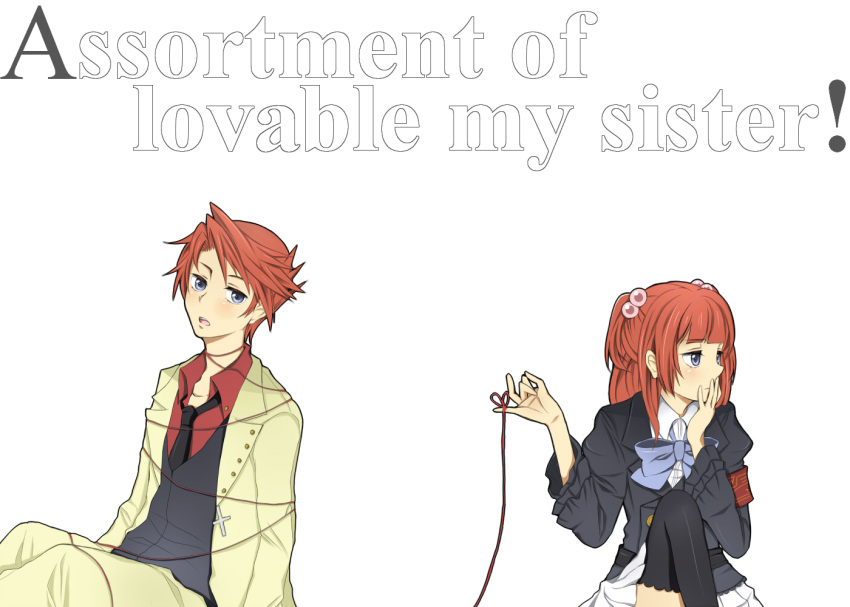 aoyama bad_id belt blue_eyes bowtie brother_and_sister engrish hair_bobbles hair_ornament melt_(artist) necktie ranguage red_hair red_string seifuku siblings skirt thigh-highs thighhighs umineko_no_naku_koro_ni ushiromiya_ange ushiromiya_battler