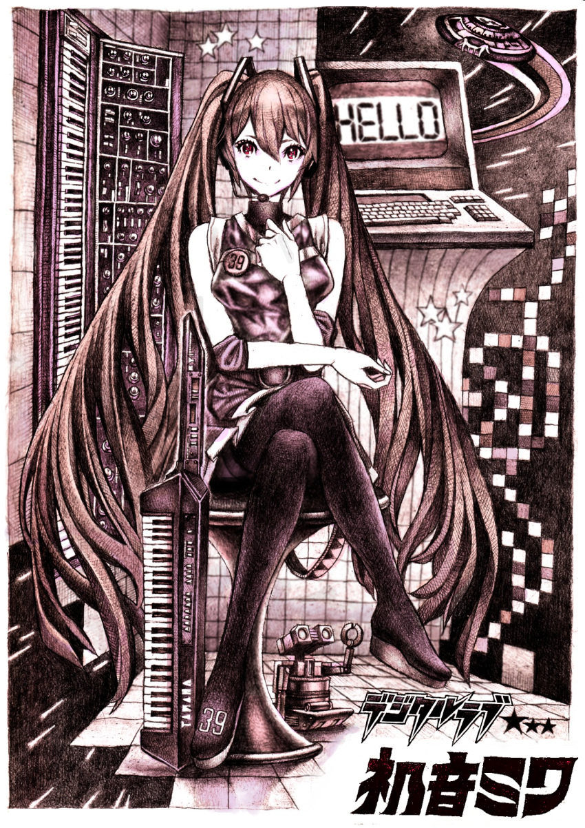 crossed_legs hands hatsune_miku highres legs long_hair monochrome nobita purple red_eyes sitting spot_color thighhighs twintails very_long_hair vocaloid