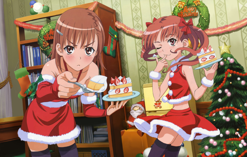 bow brown_hair cake christmas christmas_stocking christmas_tree detexted elbow_gloves food gloves hair_bow hara_shuichi highres midriff misaka_mikoto pastry santa_costume shirai_kuroko skirt strawberry_shortcake thigh-highs thighhighs to_aru_kagaku_no_railgun to_aru_majutsu_no_index twintails wink wreath wrist_cuffs