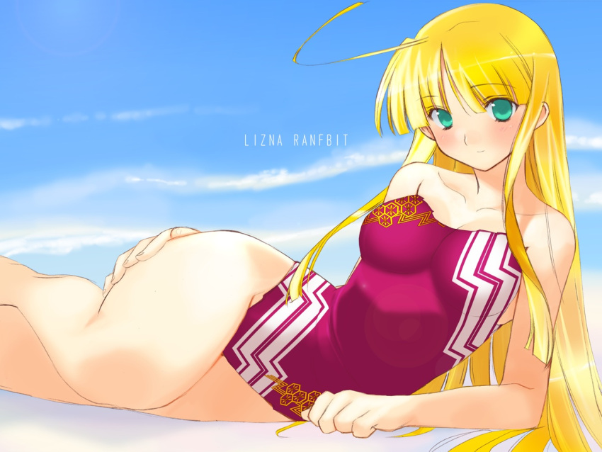 1girl adapted_costume alice_soft blonde_hair competition_swimsuit female green_eyes lizna_ranfbit long_hair lying on_side one-piece_swimsuit orion_(orionproject) rance rance5d rance_(series) solo swimsuit wallpaper