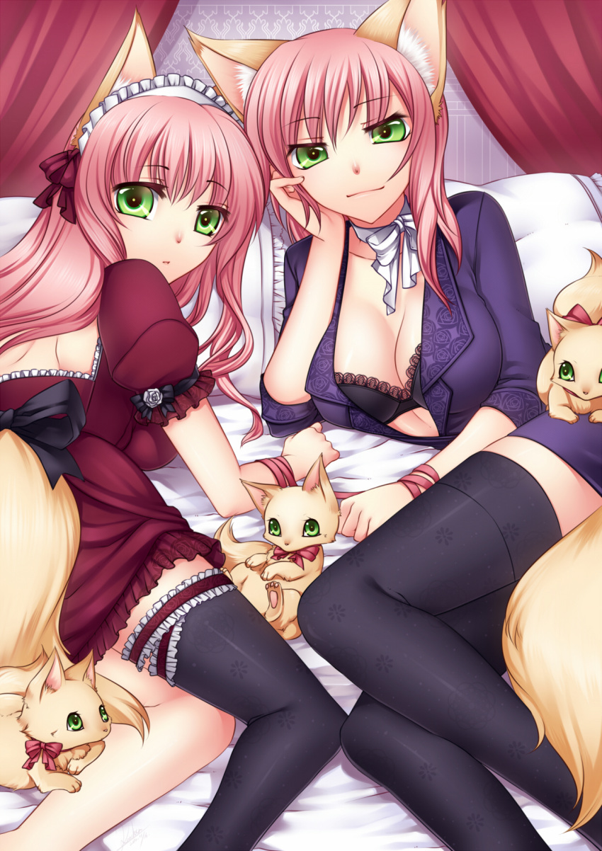 animal_ears black_legwear black_thighhighs bow bra breasts chin_rest cleavage fox fox_ears fox_tail frills garters green_eyes highres kituneno-lullaby konshin lace-trimmed_bra large_breasts lingerie long_hair lying maid_headdress multiple_girls on_side open_clothes original pink_hair print_legwear ribbon tail thigh-highs thighhighs underwear